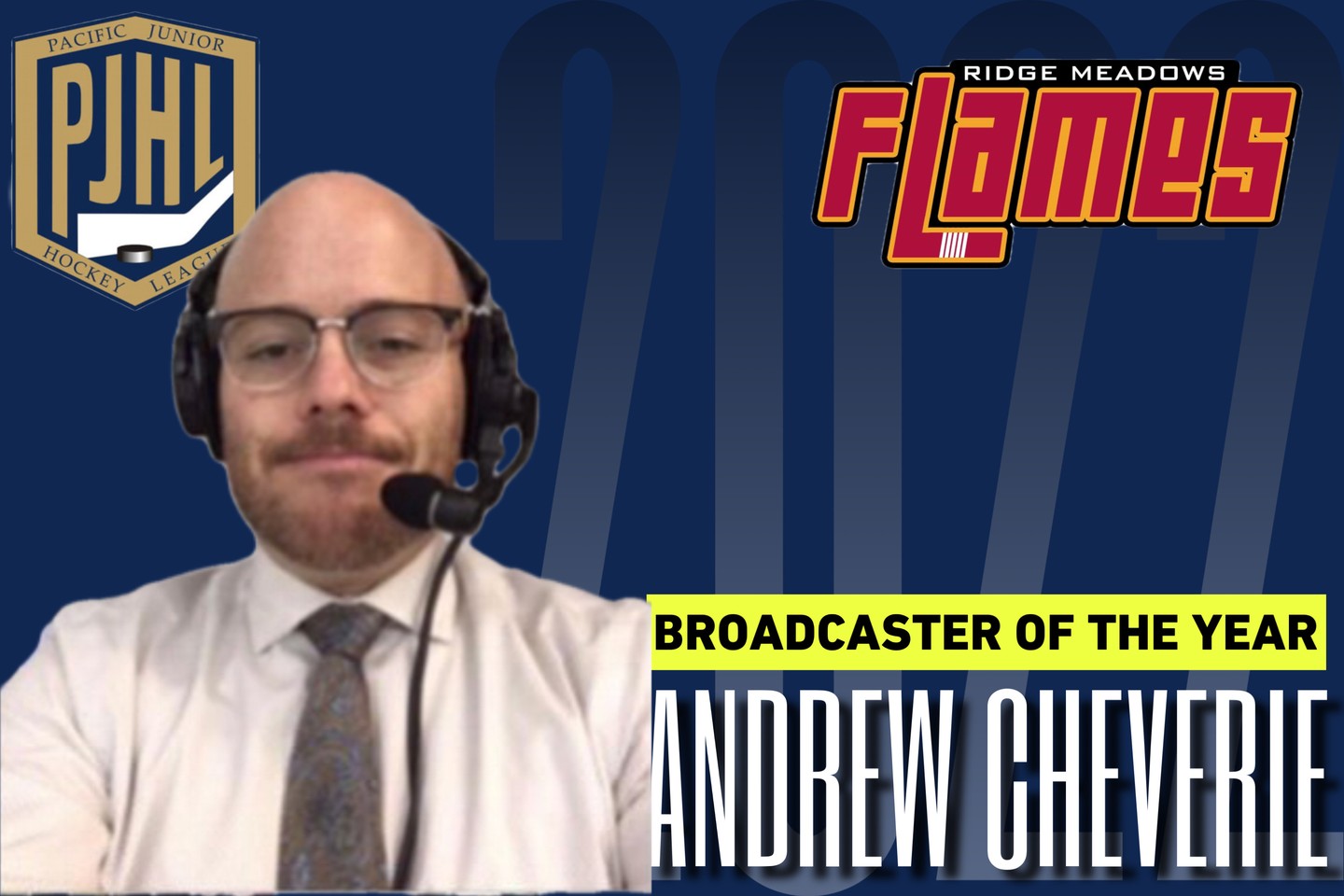 Congratulations to Andrew Cheverie of the @ridgemeadowsflames on being voted 2021-22 PJHL Broadcaster of the Year #PJHLBC