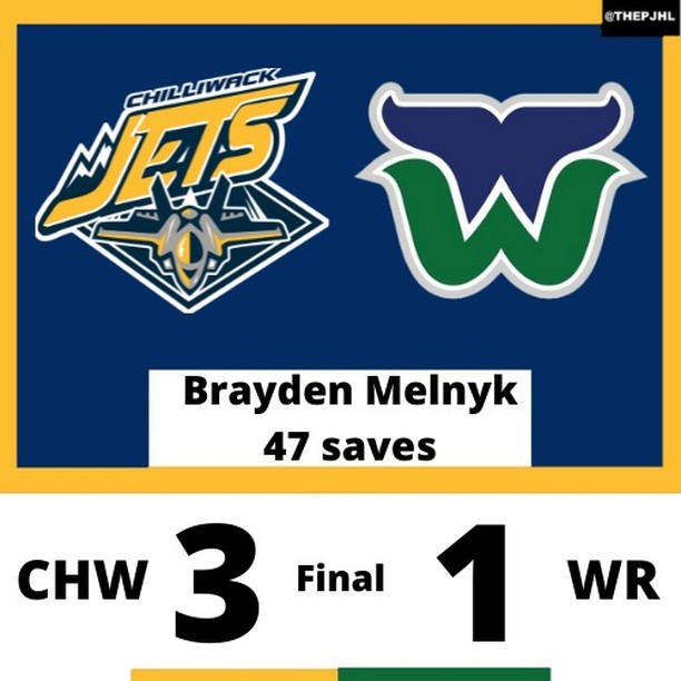 HUGE night for @chilliwackjetsofficial goalie Brayden Melnyk. 47 saves in a 3-1 win over the @wrwhalershockey !