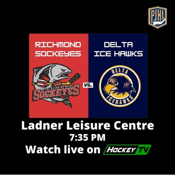 Big game tonight in the #PJHL as two Tom Shaw Conference rivals go head-to-head.

The @r_sockeyes trail @delta_ice_hawks by just five points in the playoff race. They also have two games in hand.

The season series is tied at two wins each!

Puck drop is at 7:35 PM!