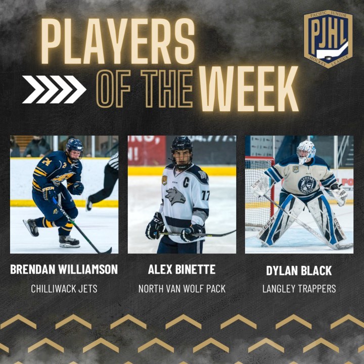 WEEK 11 PLAYERS OF THE WEEK! ⛄️ 

Brendan Williamson - @chilliwackjetsofficial 
Alex Binette - @nvanwolfpack 
Dylan Black - @langleytrappers 

Congratulations to all your hard work this past week and helping your teams succeed 🏒🚨

#madeofhockey #playersoftheweek #thepjhl #hardwork #playerpoints #hockeylife #goaliesaves #hockeygoals #weekofstars #squadgoals